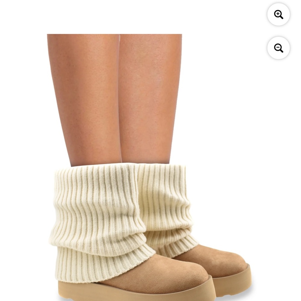 Cream Ribbed Knit Leg Warmers with Tan Suede Boots